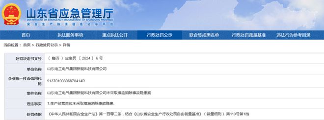 未采取措施消除事故隐患！山东电工电气集团旗下新能科技公司被罚(图1)